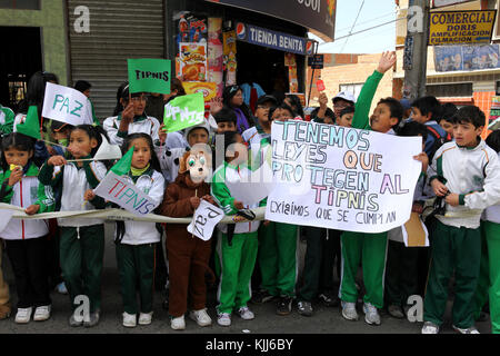 Schüler begrüssen die VIII März in Verteidigung der TIPNIS (die linke Trinidad am 15. August 2011), wie es in La Paz, Bolivien kommt Stockfoto