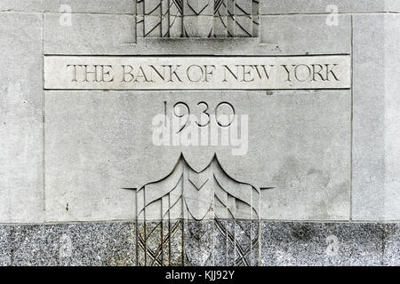 New York, USA - 31. Mai 2015: Die Bank von New York Gebäude Eckpfeiler bei 1 Wall Street, Manhattan. Die Art déco-Gebäude ist die aktuelle globale headq Stockfoto