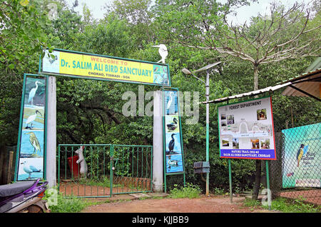 Eingang zum Naturlehrpfad durch den Mangrovenwald bei Dr. Salim Ali Vogelschutzgebiet in Chorao Island, Goa, Indien. Der Eingang ist neben Chorao Jetty Stockfoto