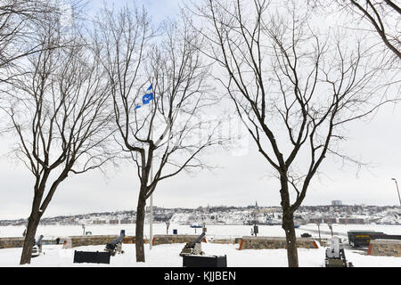 Alte Kanonen mit Blick auf den St. Lawrence River in Montmorency Park in Quebec City, Kanada im Winter. Stockfoto