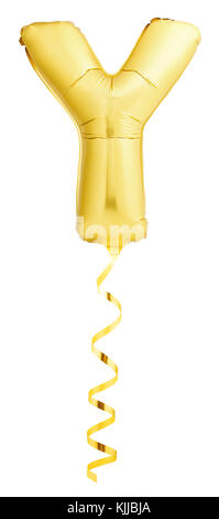Goldener Buchstabe y Aus aufblasbaren Ballon mit Band auf weißem Hintergrund Stockfoto