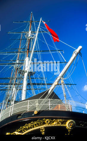 Die Cutty Sark tee Clipper am Fluss Clyde in Glasgow adn in Greenwich günstig gebaut. Stockfoto