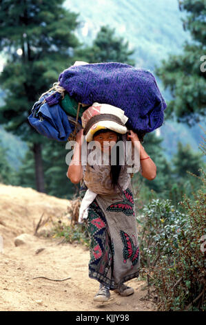 Sherpa, Taschen, die einen Wanderweg. Nepal. Stockfoto