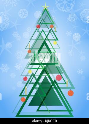 Abstrakte geometrische grüner Weihnachtsbaum. Triangle Design Pattern Weihnachtsbaum auf blauem Hintergrund mit Schneeflocken. Vector Illustration Stock Vektor