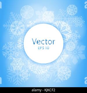 Blaues Licht abstrakt Kreis Rahmen mit Schneeflocken. Weihnachten Rahmen auf Schnee Hintergrund mit Platz für Text. Vector Illustration Stock Vektor