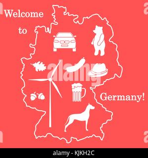 Vector Illustration mit verschiedenen Symbolen in Deutschland. Reisen und Freizeit. Design für Banner, Poster oder Drucken. Stock Vektor