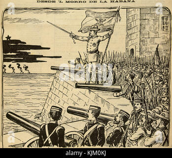 Der Spanisch-amerikanische Krieg zwischen Spanien und den USA im Jahr 1898 aufgrund der US-Intervention im kubanischen Unabhängigkeitskrieg. Kuba. "Von El Morro aus Havanna". Vignette von „La Campana de Gracia“ vom 30. April 1898. Warten auf den Feind. Gravur. Stockfoto