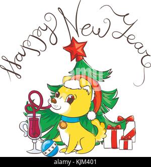 Goldenen Hund mit der Tasse Glühwein und Kuchen. Neues Jahr Symbol von 2018. Vector Illustration Stock Vektor