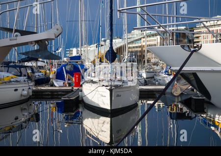 Segelyacht Olivia, zusammen mit anderen, wartet auf die Sommersaison im Aker Brygge Marina, Oslo, Norwegen. Stockfoto