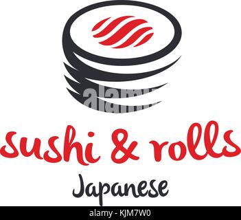 Sushi und Brötchen mit Essstäbchen Bar oder Restaurant Vektor logo Vorlage. Japanische oder Chinesische traditionelle Küche, leckeres Essen, Symbol. Abstrakte schwarze und rote Farbe für asiatische Emblem. Stock Vektor