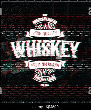 Whiskey retro logo Vorlage, Vintage, glitch Vektor label. Stock Vektor