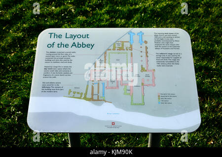 Englisches Erbe Informationstafeln in Shap Abbey, Shap, Cumbria Stockfoto