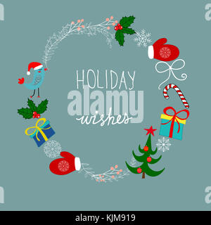 Freihändig gezeichneten Doodle sketchy Weihnachten Kranz Rahmen Urlaub wünsche Schriftzug. Cartoon Stil. Tanne Geschenkboxen Zuckerstange fäustlinge Schneeflocken Kawai Stockfoto