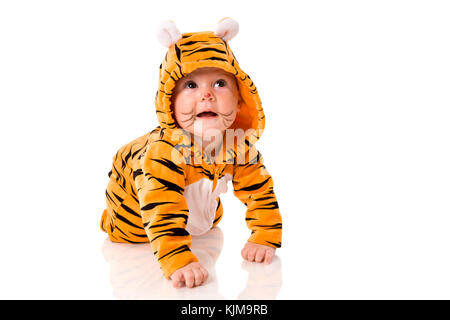 Sechs Monate Baby tragen Tiger Anzug sitzen isoliert auf weiss Stockfoto