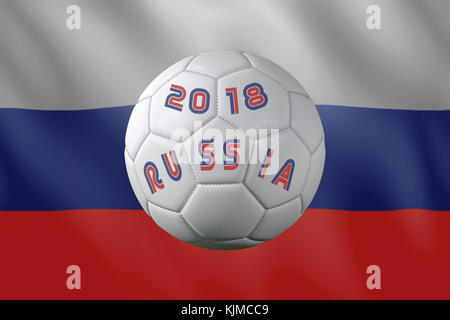 3D-Rendering des weißen Fußball mit aufgedruckten Russland 2018 Text gegen Russische Fahne Stockfoto