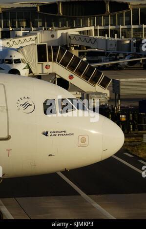 Co-pilot durch die Windschutzscheibe sichtbar, das Rollen über luftseitige Straße und mit einem Skyteam Partner Logo auf der Nase und ein Alitalia A320 hinter geparkt Stockfoto