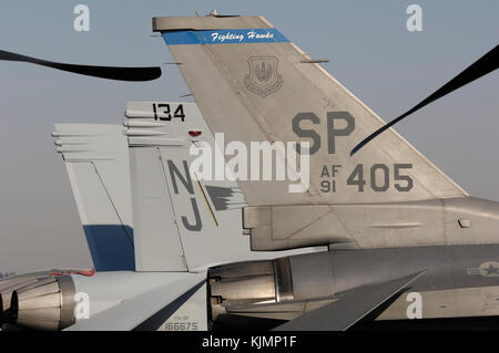 Schwanz-Flossen Der USAF Lockheed Martin F-16CJ Fighting Falcon und US Navy Boeing F/A-18F Super Hornet in der statischen - Anzeige geparkt am 2006 Farnboro Stockfoto