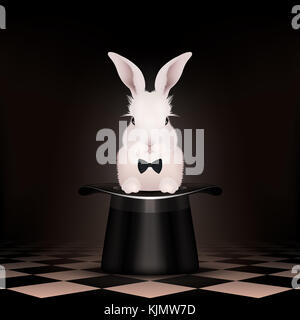 Osterhase Kaninchen in magischen Hut - auf weißem Hintergrund - Zauberstab und Zylinder Stockfoto