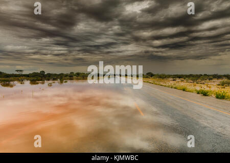 Wasser läuft über Great Northern Highway nach starkem Regen im Outback Westaustraliens. Stockfoto