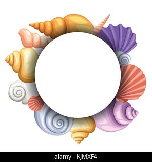 Meer runde Banner Design, bunte Muscheln Konzept. Objekte in weißen Kreis, Farbe exotische cockleshell, Vector Illustration. Webseite und mobile Ein Stock Vektor