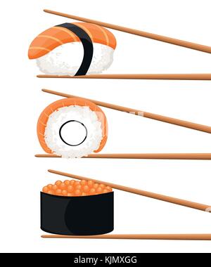 Satz von Stäbchen holding Sushi rollen. Konzept der Snack, Susi, exotische Ernährung, Sushi Restaurant, Sea Food. auf weißem Hintergrund. Flat Style t Stock Vektor