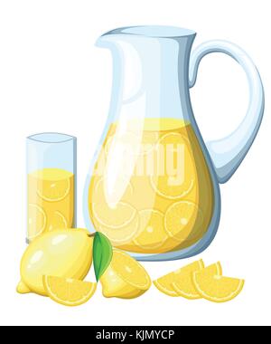 Limonade im Glas Krug. Zitrone mit Blättern und Scheiben von Zitronen. Dekorative Poster, Emblem Naturprodukt, Bauernmarkt. Auf wh isoliert Stock Vektor