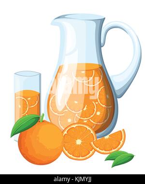 Orange Frucht Drink in das Glas Krug. orange mit Blättern und Scheiben von Orangen. Dekorative Poster, Emblem Naturprodukt, Farmers Market. Stock Vektor