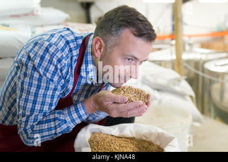 Ein hübscher junger Mann barista und lächelnd Kaffeebohnen Stockfoto