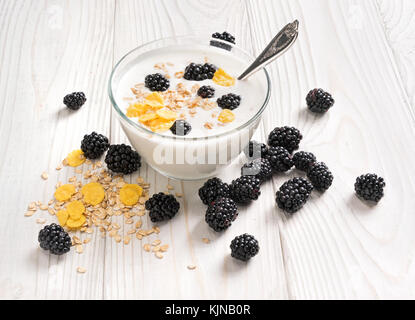 Schüssel mit hausgemachtem Joghurt mit Müsli und frischem Blackberry auf Holztisch. frischen Joghurt. gesunde Ernährung Konzept. hohe Auflösung Produkt. Stockfoto