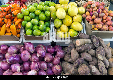 Verschiedene Gemüse und Früchte zum Verkauf auf einem Markt in Santiago, Chile Stockfoto