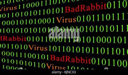 Konzept der Sicherheit und Viren und schlechte Kaninchen ransomware. roten Text von Bad rabbit und Grün ist der binäre Code. Stockfoto