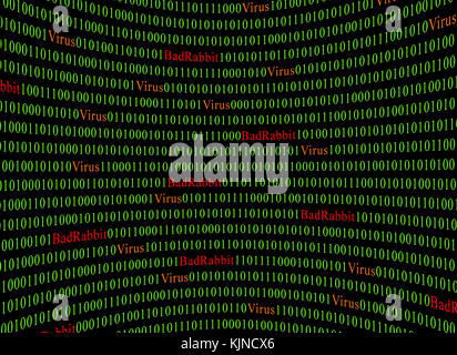 Konzept der Sicherheit und Viren und schlechte Kaninchen ransomware. roten Text von Bad rabbit und Grün ist der binäre Code. Stockfoto