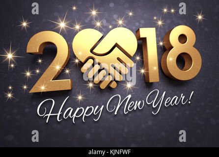 Grüße und neue Jahr Datum 2018, komponiert mit einem goldenen Herzen, glitzernde auf schwarzem Hintergrund - 3D-Darstellung Stockfoto