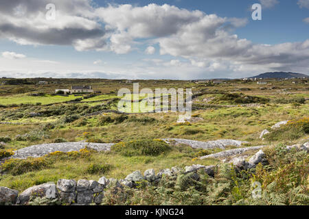 Die malerische Landschaft des Cottage und schroffen Gelände in der Nähe der Ortschaft Carna, Connemara, County Galway, Irland. Stockfoto