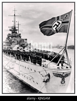 SCHARNHORST SCHIFFE DER 1930er JAHRE PARADE BAND MUSIK INBETRIEBNAHME 1939 Nazi-Deutschland Schlachtschiff Scharnhorst mit der Kriegsmarine Swastika Flagge Ein deutsches Kapitolschiff, alternativ als Schlachtschiff und Schlachtkreuzer beschrieben, der Kriegsmarine in Nazi-Deutschland. Sie war das führende Schiff ihrer Klasse, zu der auch ein anderes Schiff gehörte, Gneisenau. Besatzung 1968 das Schiff wurde auf der Kriegsmarinewerft in Wilhelmshaven gebaut. Am 26.. Dezember 1943 von britischen Marinekräften mit nur 36 deutschen Überlebenden versenkt. Stockfoto