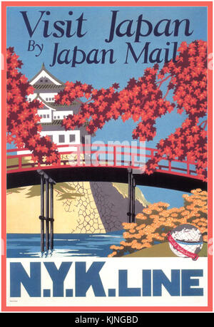 Vintage Travel Poster 1930 für N.Y.K Linie nach Japan. Das Imperial Palace in Tokio in dem Fall "Visit Japan von Japan Mail N.Y.K. Linie." illustriert von Yoshi, circa 1935. Stockfoto