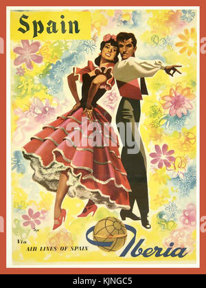 Jahrgang 1950's Travel Holiday Poster für Spanien über Iberia Airlines mit einem spanischen Paar in traditioneller Flamenco Kostüm Kleid Stockfoto