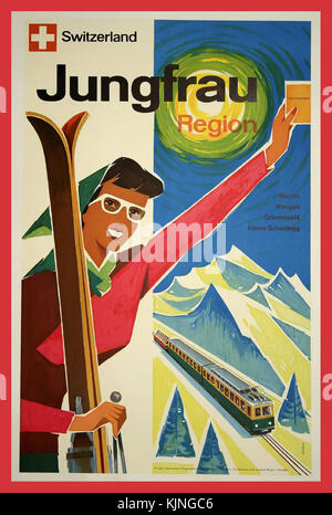 1950 Ski Urlaub Schweiz Jungfrau Region, Skifahren - Vintage Travel Sport Poster Stockfoto