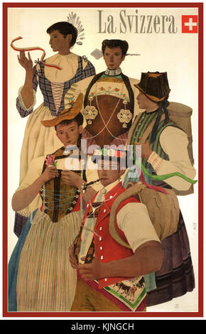 VINTAGE SWISS TRAVEL POSTER SCHWEIZ TRACHTEN Vintage Poster Die traditionelle Schweizer folkloristischen Kostüme. Die Schweiz. 1952. von Kurt Wirth. Stockfoto