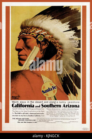 Vintage American Rail Poster Santa Fe Indian Chief, in Kalifornien und im südlichen Arizona rail Poster 1940 1950 Stockfoto