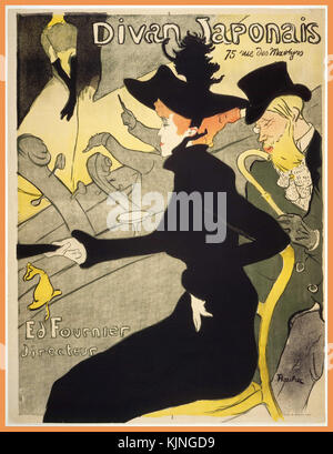 Vintage Toulouse Lautrec Poster 'DIvan Japonais' einer Lithographie Poster des französischen Künstlers Henri de Toulouse-Lautrec Es erstellt wurde ein Café-chantant, war zu der Zeit bekannt als Divan Japonais Das Poster zeigt drei Personen vom Montmartre aus der Zeit des Toulouse-Lautrec. ca. 1893-1894 Inserieren Stockfoto