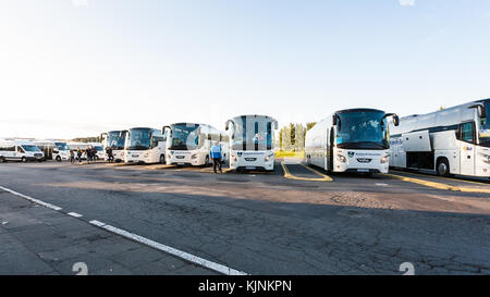 Reykjavik, Island - 8. September 2017: Treiber und Touristen in den Parkplatz von Reykjavik ausflüge Busse am BSI Bus Terminal im Herbst morgen. b Stockfoto