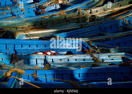 Boote in der Skala du Port in Essaouira, Marokko. Stockfoto