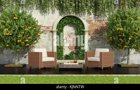 Klassische Garten mit Rattan Sessel mit üppiger Vegetation - 3D-Rendering Stockfoto