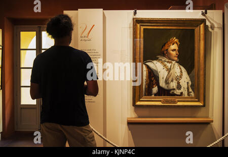 Korsika: ein Mann mit Blick auf das Porträt von Napoleon von der französischen Maler Anne Louis Girodet de Roussy-trioson im Maison Bonaparte, National Museum Stockfoto