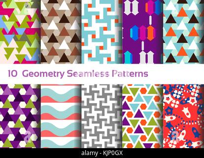 Geometrische nahtlose Muster Hintergrund. ein Set von 10 abstrakte Motive. Bunte formen Kompositionen, Dreiecke, Quadrate und Wellen Stock Vektor