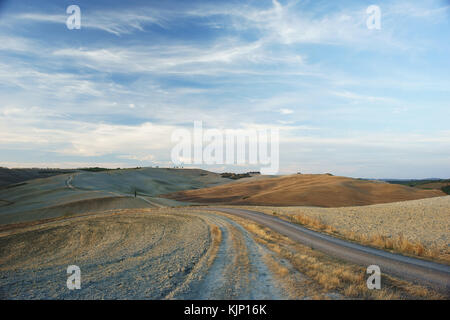 Weiße Straße in der Nähe von San Quirico d'Orcia, Val d'Orcia, Toskana, Italien Stockfoto