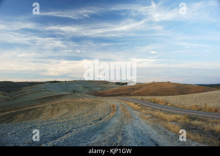 Weiße Straße in der Nähe von San Quirico d'Orcia, Val d'Orcia, Toskana, Italien Stockfoto