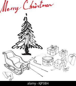 Abbildung hand gezeichnete Skizze von Santa Claus hat, Rentiere und Schlitten Zeichen kommen zur Stadt mit Geschenken für Weihnachten feiern. Stock Vektor