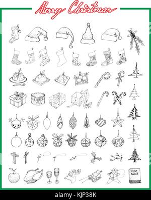 Abbildung: Handgezeichnete Skizze Sammlung von verschiedenen schöne Weihnachten Elemente und Dekorationen, Zeichen für Weihnachten feier Veranstaltung. Stock Vektor